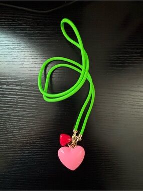 Nwot Roxanne Assoulin Pink & Red Heart Pendant Necklace on Neon Green Cord